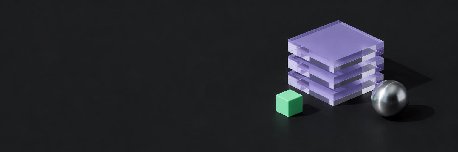 Lavender building blocks, a mint cube, and a silver sphere